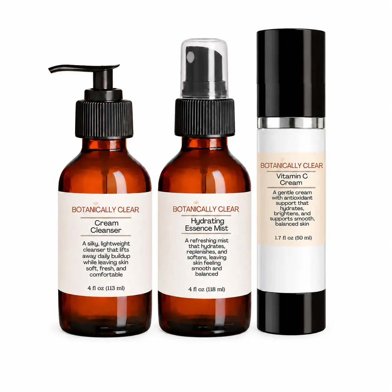 Botanically Clear Daily Essentials Trio with Cream Cleanser, Hydrating Essence Mist, and Vitamin C Cream