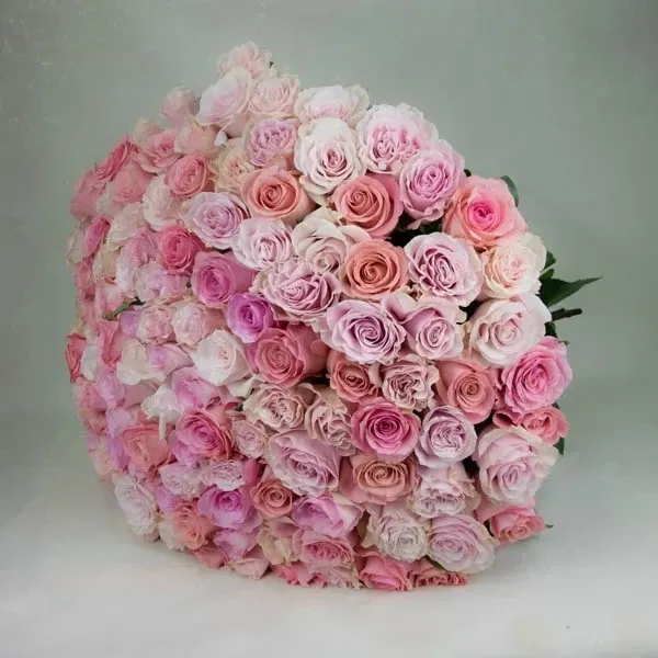 121 Dutch roses are used in the bouquet, in pink tones.