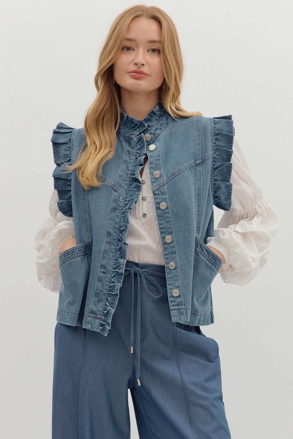 The Clara Ruffle Denim Vest