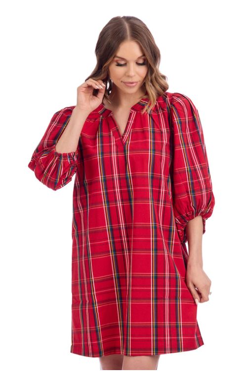 The Holiday Plaid Balloon Sleeve Dress
