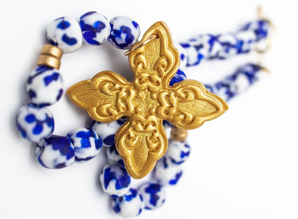 Cobalt Blue & White African Glass With Kait Cross Cobalt Blue & White African Glass With Kait Cross