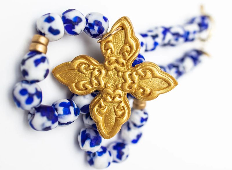 Cobalt Blue & White African Glass With Kait Cross Cobalt Blue & White African Glass With Kait Cross
