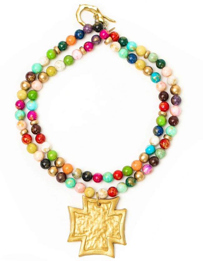 Multicolored Double Strand Cross Necklace