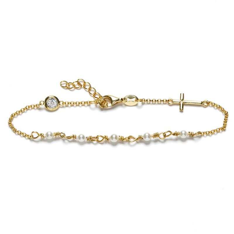 Pulsera en plata de ley Rodiada y perlas sintéticas. CRUZ. (Baño de oro)