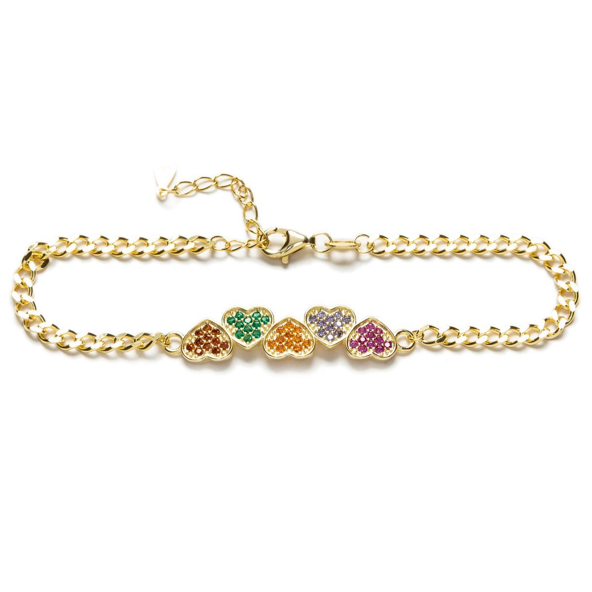 Pulsera en Plata de Ley y Baño Oro con Circonitas de Colores. CORAZONES.