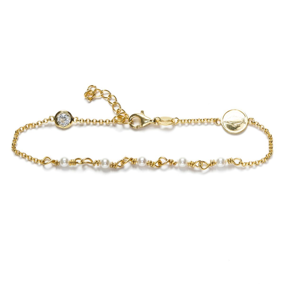 Pulsera en plata de ley Rodiada y perlas sintéticas. VIRGEN. (Baño de oro)