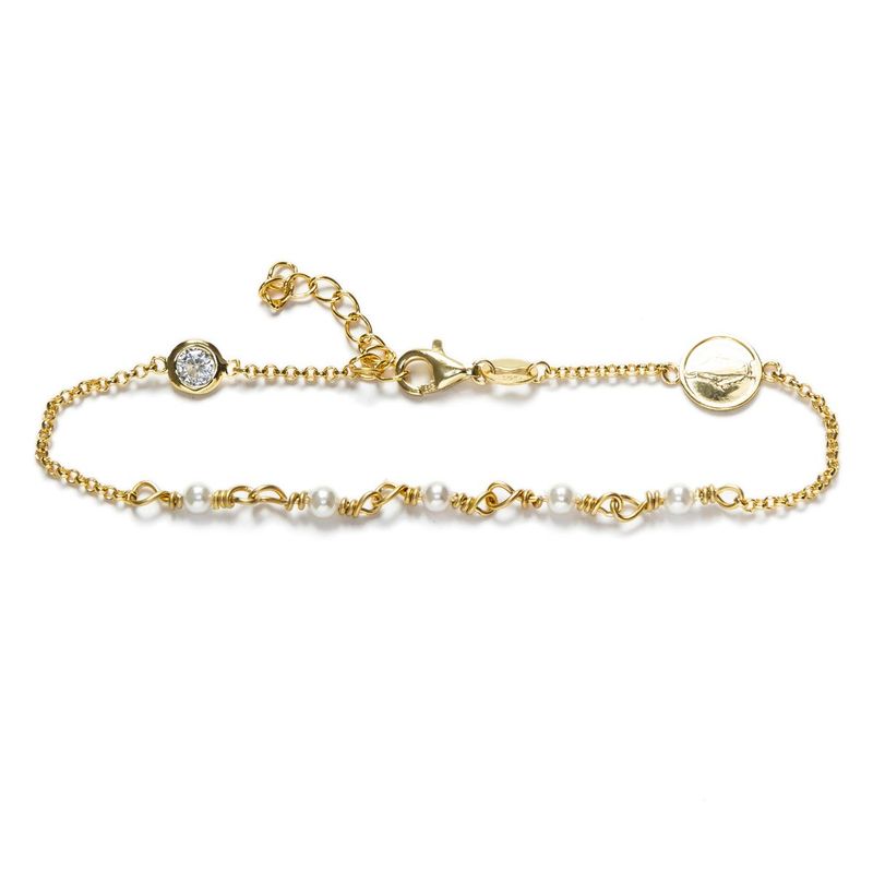Pulsera en plata de ley Rodiada y perlas sintéticas. VIRGEN. (Baño de oro)