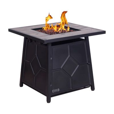 Black 28 in. 40,000 BTU Square Mettle Steel Propane Outdoor Fire Pit Table with Lava Rocks and Cover NB-FP-28-B