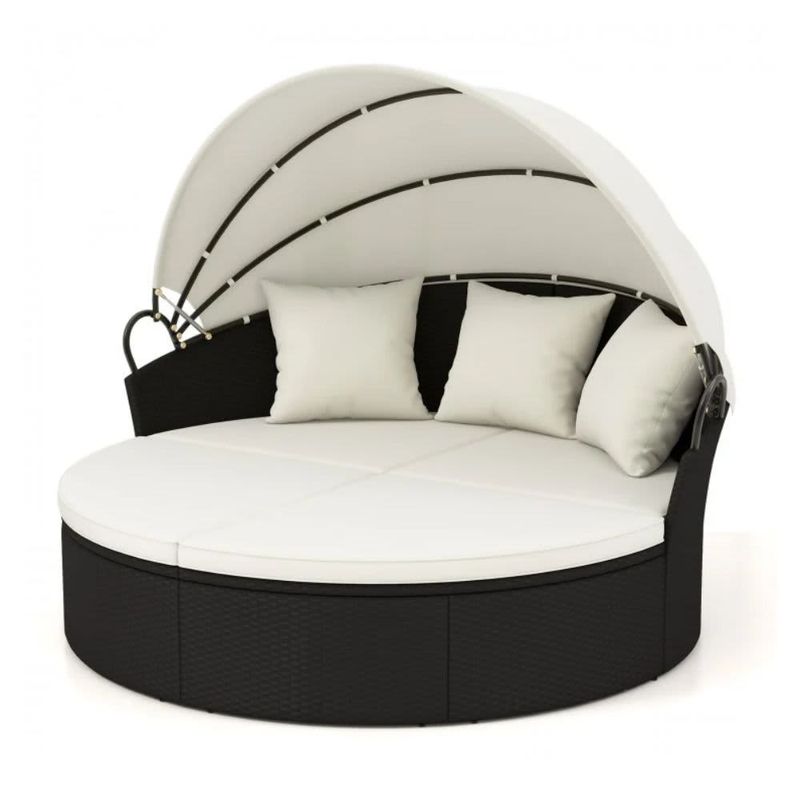 Clamshell Patio Round Daybed Wicker with Retractable Canopy and Pillows HW71564WH
