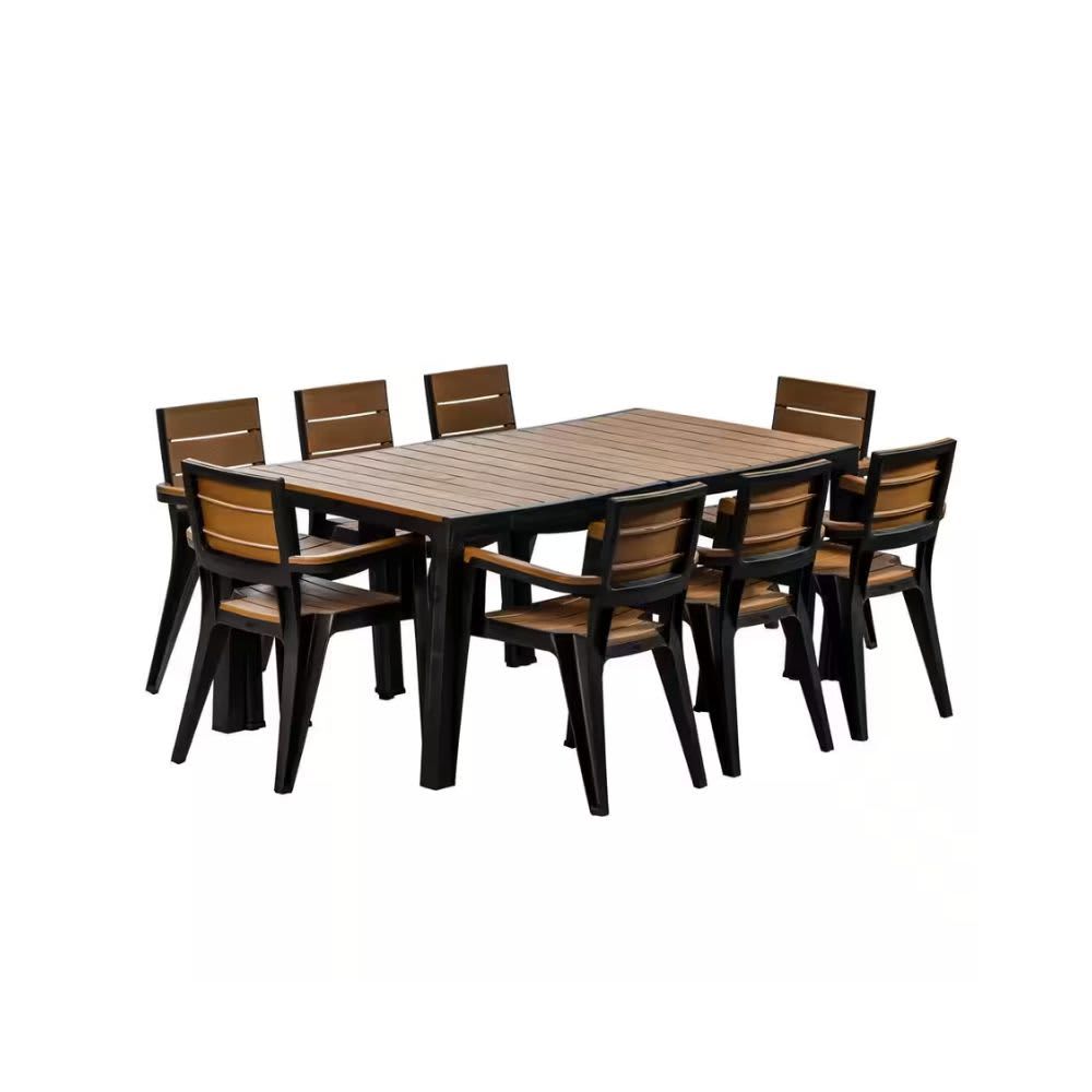 MQ Madeira 9-Piece Black and Teak Brown Indoor and Outdoor 8-Seat Rectangular Table and 8 Arm Chair Set  464-TAB