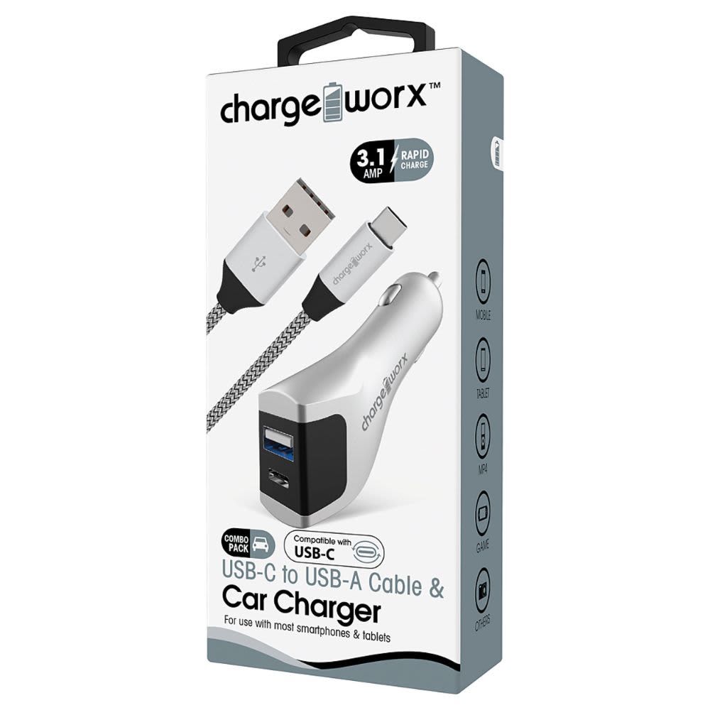 Chargeworx USB-A + USB-C Car Charger & USB-C Cable, Silver CHA-CX3209SL