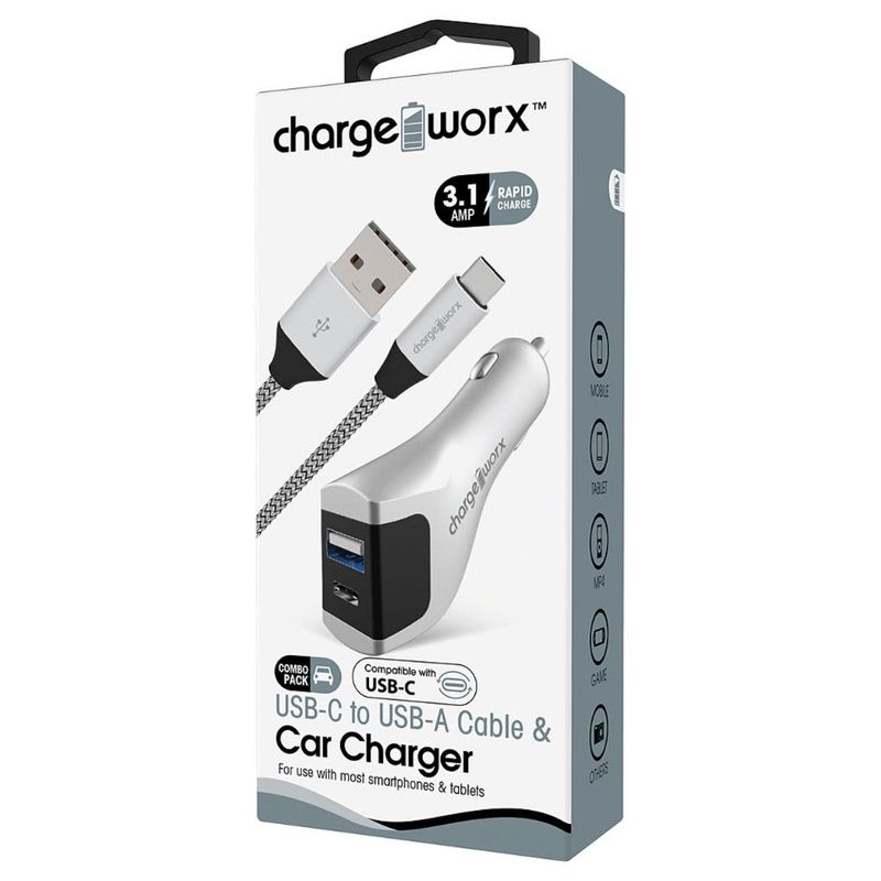 Chargeworx USB-A + USB-C Car Charger & USB-C Cable, Silver CHA-CX3209SL Chargeworx USB-A + USB-C Car Charger & USB-C Cable, Silver CHA-CX3209SL