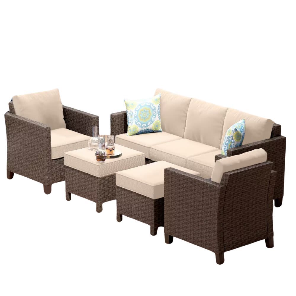 Sunscape 5-Piece Wicker Brown Steel Outdoor Conversation Set Patio Furniture Set with Ottoman and Beige Cushions NB-PFW-5- BR/BG Sunscape 5-Piece Wicker Brown Steel Outdoor Conversation Set Patio Furniture Set with Ottoman and Beige Cushions NB-PFW-5- BR/BG