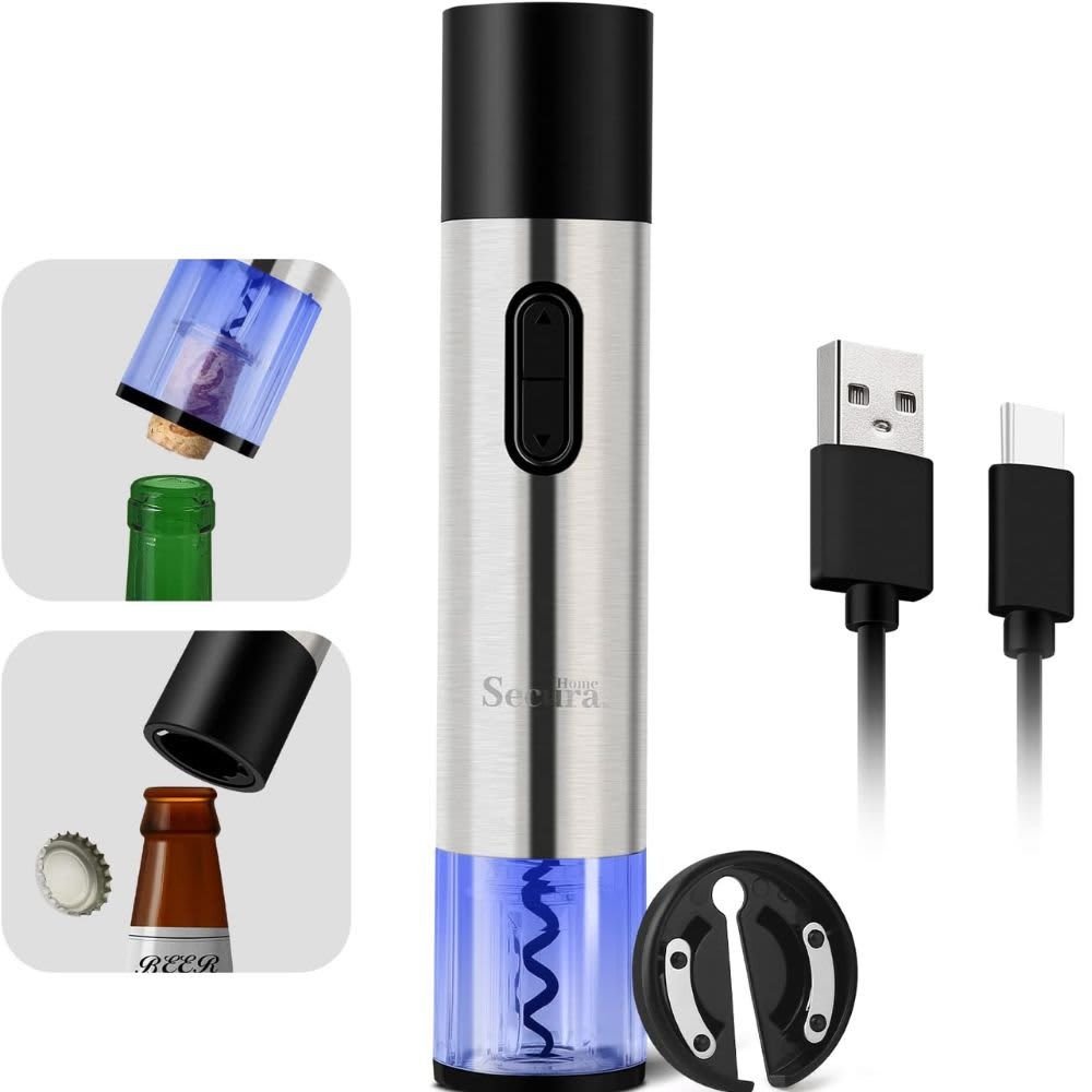 Secura Home Cordless Electric Wine Opener and Beer Opener 2 in 1 Automatic Corkscrew Wine Bottle Opener Gift Set with Foil Cutter USB Rechargeable