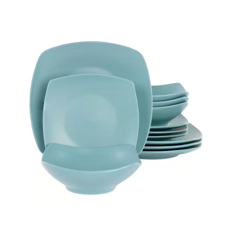 Gibson Home Zen Buffetware 12 Piece Square Fine Ceramic Dinnerware Set in Matte Arctic Blue 135259.12