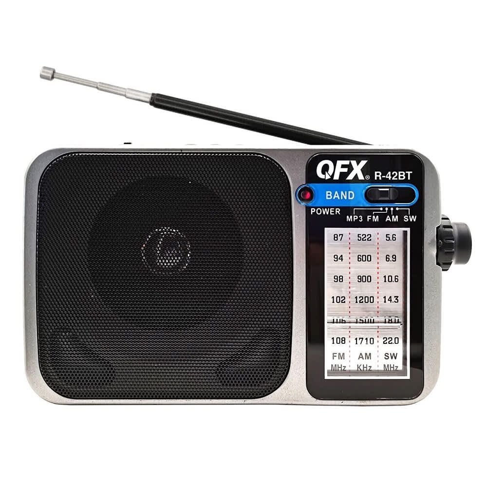QFX AM FM SW1 to SW2 Radio with BlueTooth, Silver R-42BT