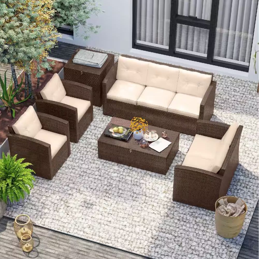 Sunscape 6-Piece Brown Patio Outdoor Furniture Wicker Conversation Set Cushions 1-Sova 1-Loveseat 2-Chairs 2 Storage Tables NB-STP-6-BR/BG Sunscape 6-Piece Brown Patio Outdoor Furniture Wicker Conversation Set Cushions 1-Sova 1-Loveseat 2-Chairs 2 Storage Tables NB-STP-6-BR/BG
