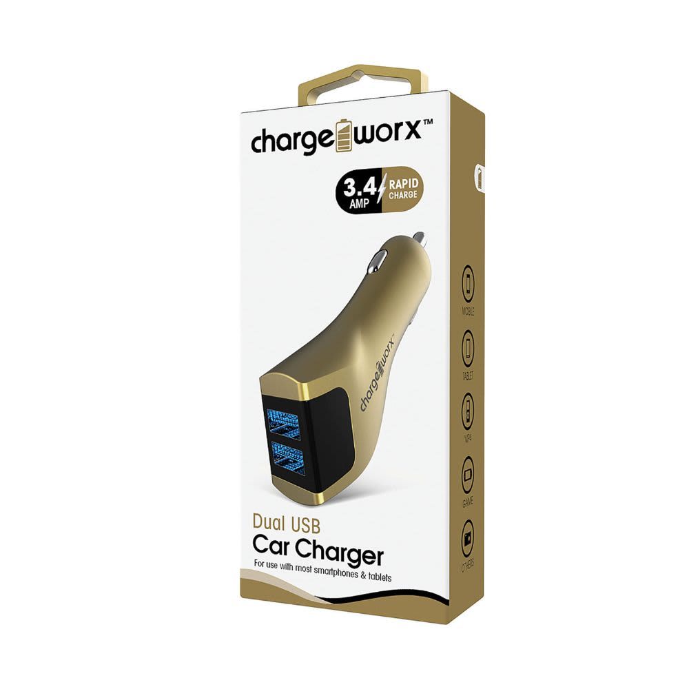 Chargeworx Dual USB Rapid Car Charger, Gold CHA-CX3039GD