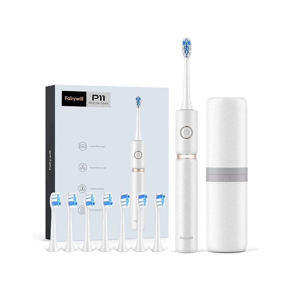 Fairywill P11 Ultrasonic Electric Toothbrush with 8 Brush Heads & Travel Case FW-P11WT-H5-8HDCC