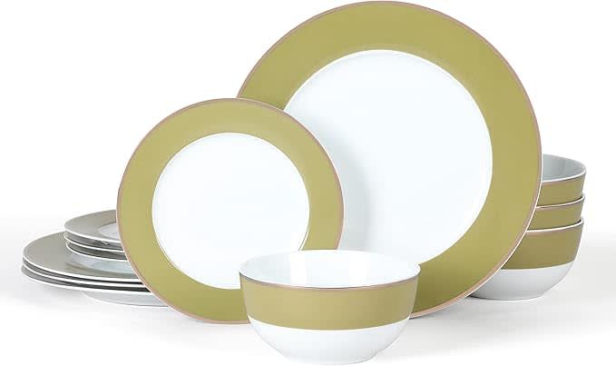 MARTHA STEWART – Gracie Lane Porcelain Dinnerware Set, 12 pcs – Olive Green/Gold