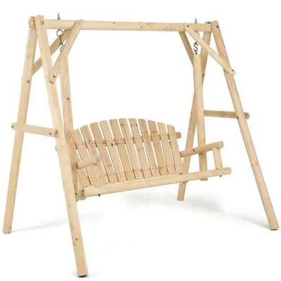 2-Person Wood Bench Swing with Outdoor Rustic Curved Back OP3701