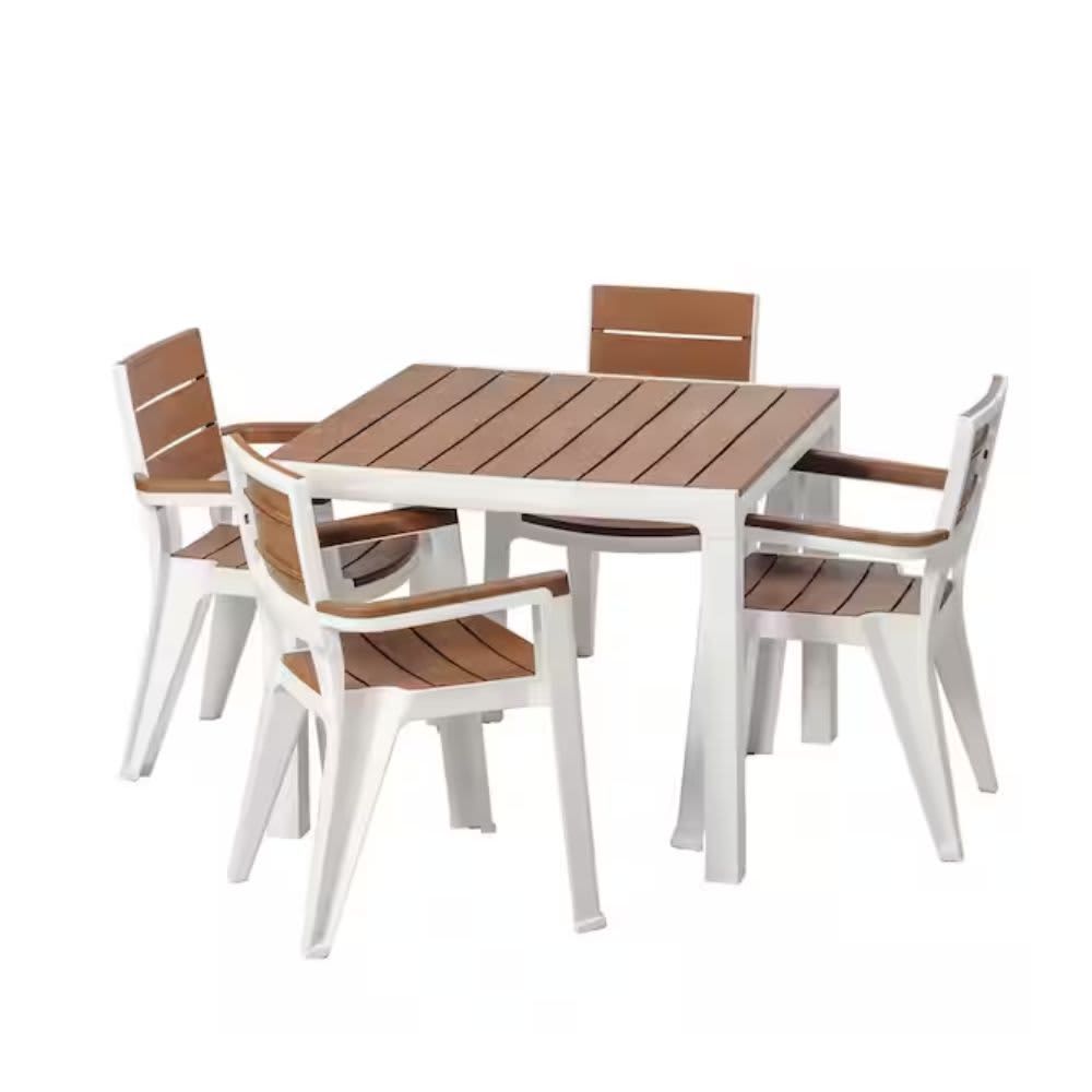 MQ Madeira 5-Piece White and Teak Brown Indoor and Outdoor 4-Seat Square Table and 4 Arm Chair Set  462-CARAMELO