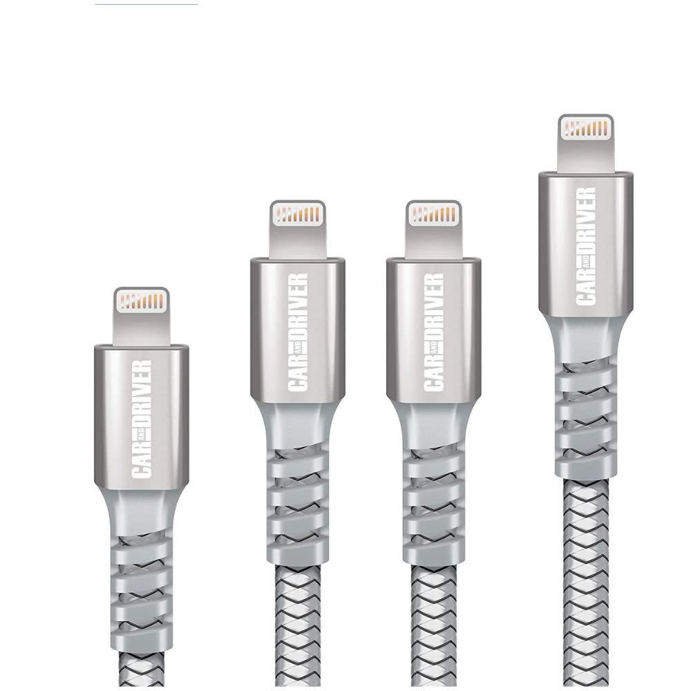CAR AND DRIVER – USB to Lightning Connector, 4-Pack Braided Silver Cables CAR AND DRIVER – USB to Lightning Connector, 4-Pack Braided Silver Cables