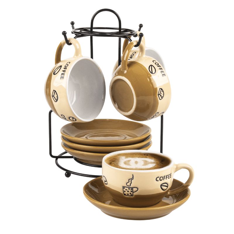 BENE CASA – 9-Piece Espresso Set with Metal Stand in Brown Tone BENE CASA – 9-Piece Espresso Set with Metal Stand in Brown Tone