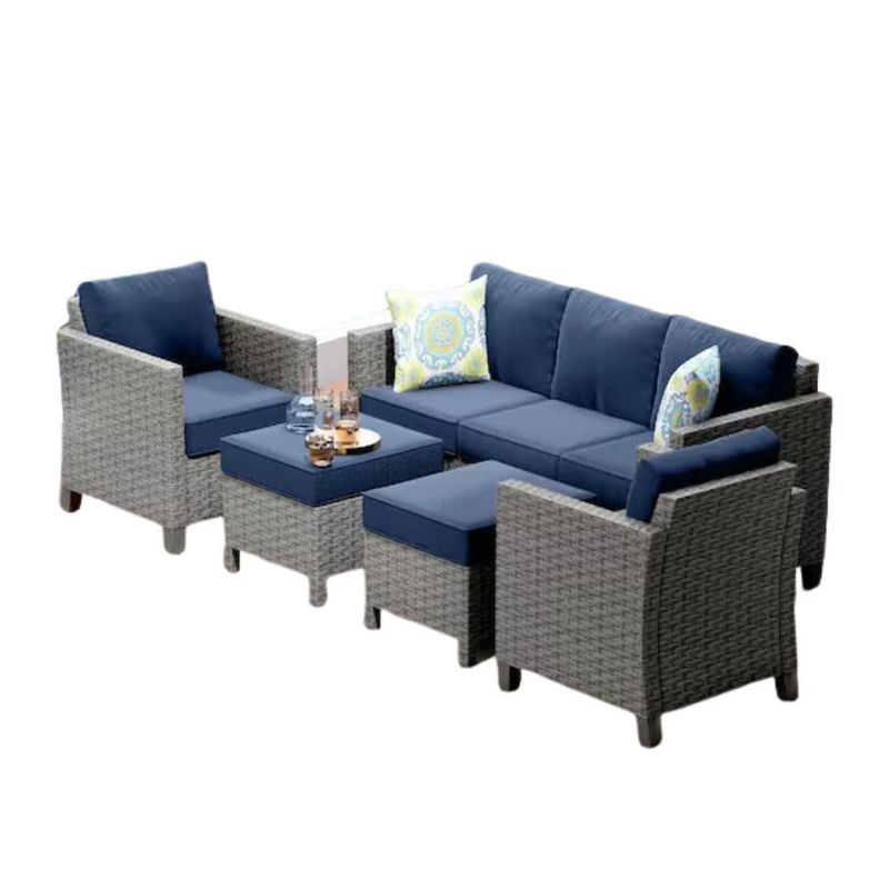 NESTL – 5‑Piece Wicker Steel Outdoor Conversation Set with Ottoman – Gray / Navy Blue