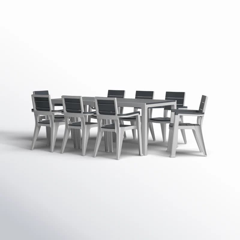MQ Madeira 9-Piece White and Cuartz Indoor and Outdoor 8-Seat Rectangular Table and 8 Arm Chair Set  464-CUARZO