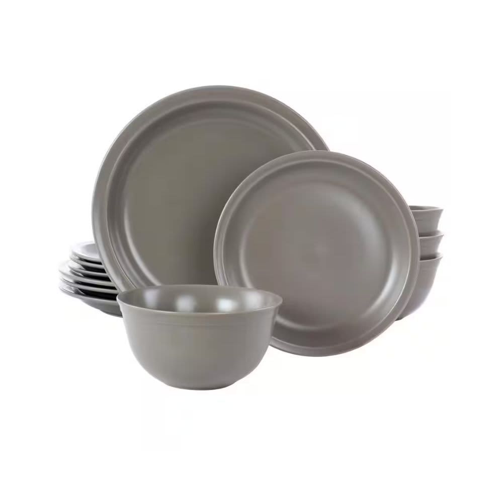 Gibson Home Siam 12 Piece Round Stoneware Dinnerware Set in Warm Grey 135256.12
