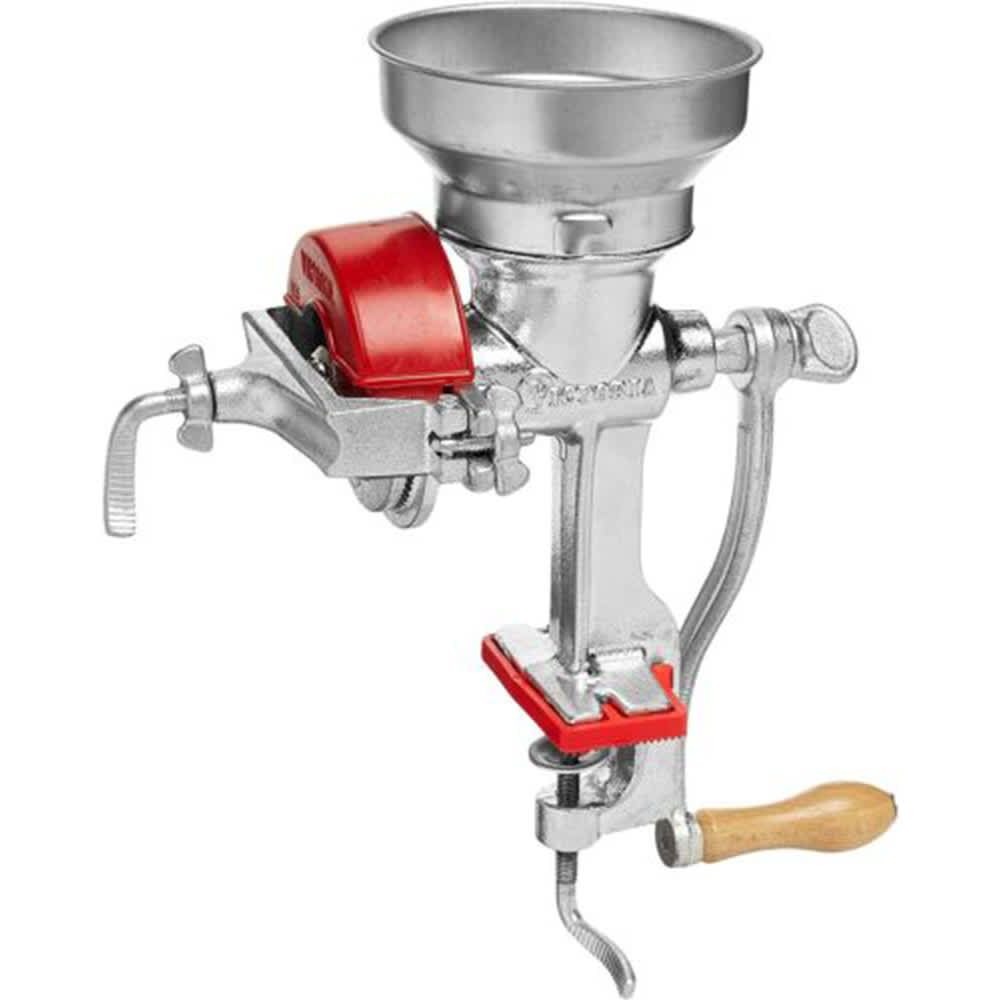 Victoria Manual Low Hopper Grain Grinder, silver, red GRN-101