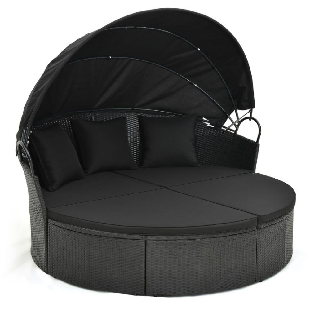 Clamshell Patio Round Daybed Wicker with Retractable Canopy and Pillows HW71564DK