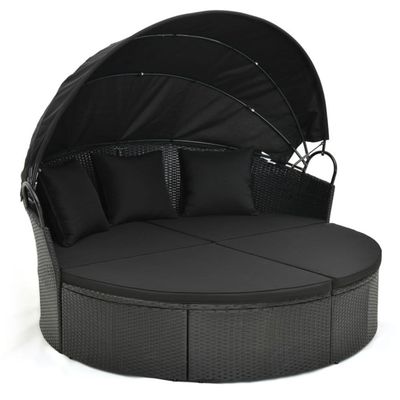Clamshell Patio Round Daybed Wicker with Retractable Canopy and Pillows HW71564DK Clamshell Patio Round Daybed Wicker with Retractable Canopy and Pillows HW71564DK