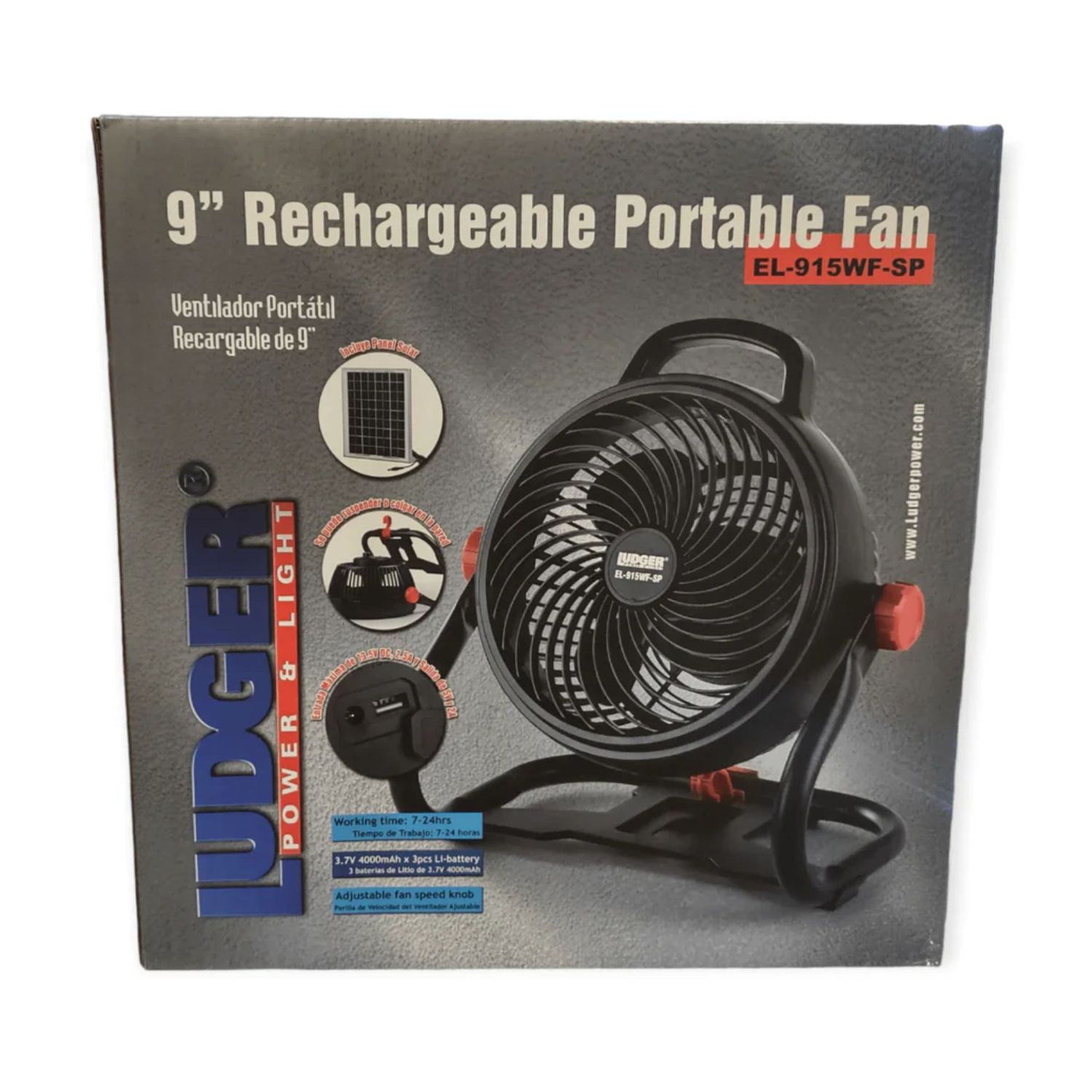 Ludger 9" Rechargeable Moveable Fan With Solar Panel EL-915WF-SP