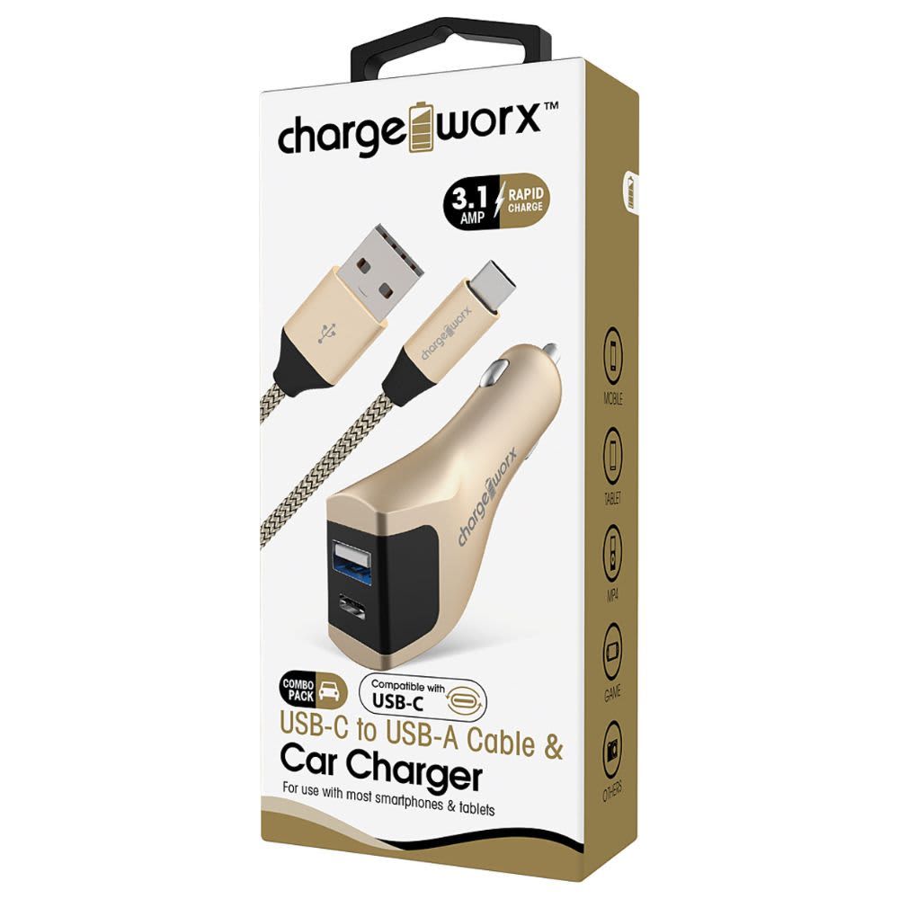 Chargeworx USB-A + USB-C Car Charger & USB-C Cable, Gold CHA-CX3209GD