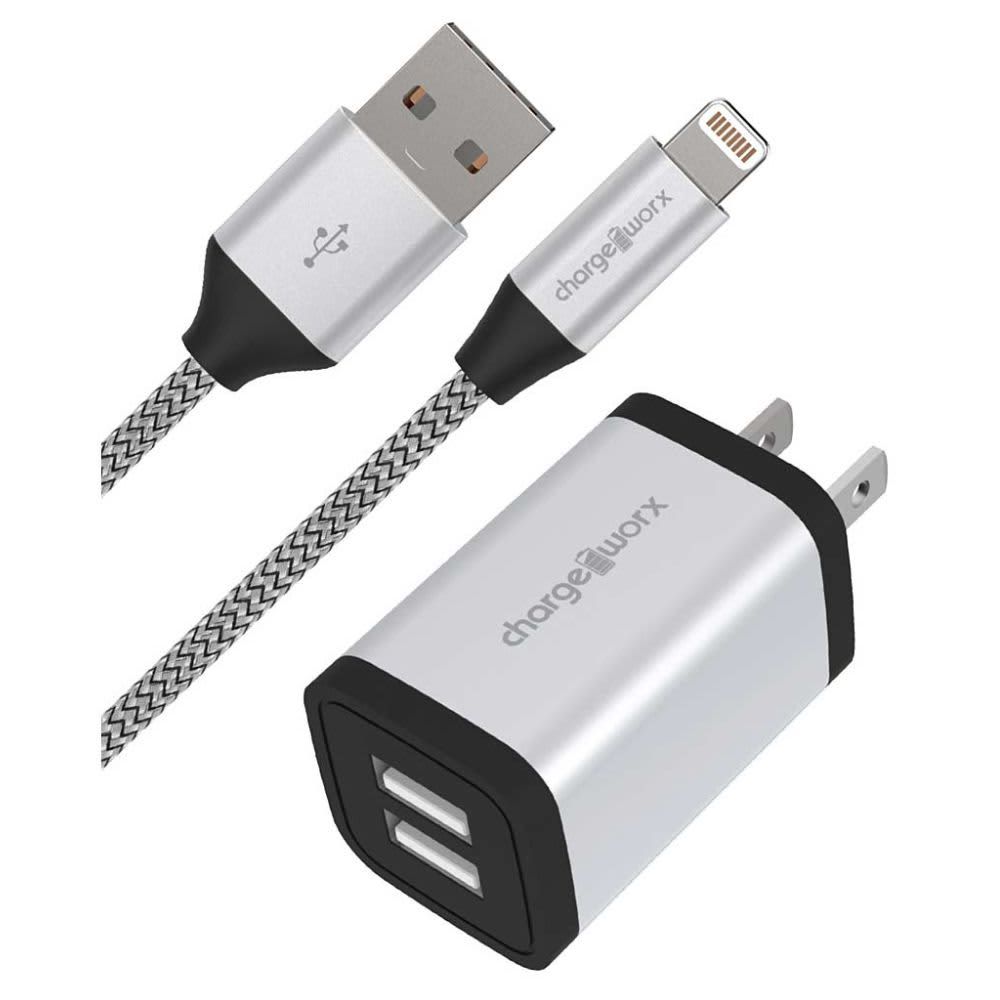 Chargeworx 2.4A Dual USB Metal Wall Charger & 6ft Lightning Cable, Silver CHA-CX3215SL