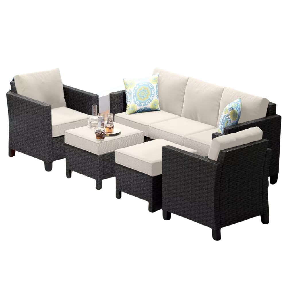 Sunscape 5-Piece Black Wicker Steel Outdoor Conversation Set Patio Furniture Set with Ottoman and Beige Cushions NB-PFW-5-B/OW Sunscape 5-Piece Black Wicker Steel Outdoor Conversation Set Patio Furniture Set with Ottoman and Beige Cushions NB-PFW-5-B/OW