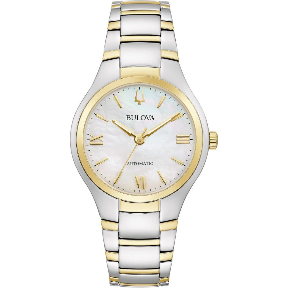 Bulova Ladies' Classic 3-Hand Automatic Stainless Steel Watch, Mother-of-Pearl Dial, Two-Tone Gold - B0B7Q33FY1