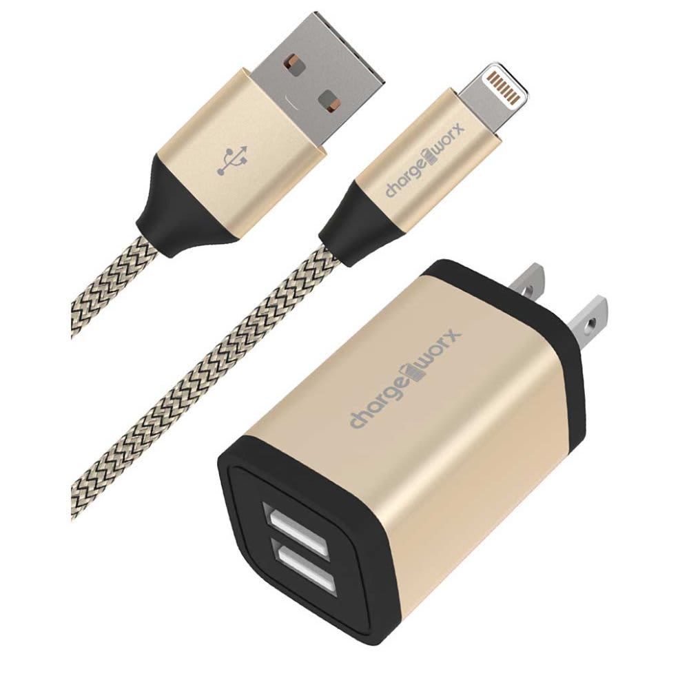 Chargeworx 2.4A Dual USB Metal Wall Charger & 6ft Lightning Cable, Gold CHA-CX3215GD
