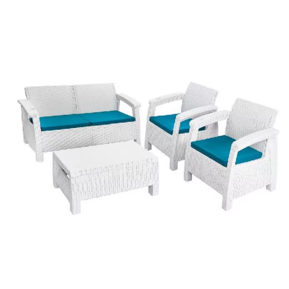 MQ White 4-Piece Resin Outdoor Love Seat Patio Conversation Set with Turquoise Cushions 425-BLA
