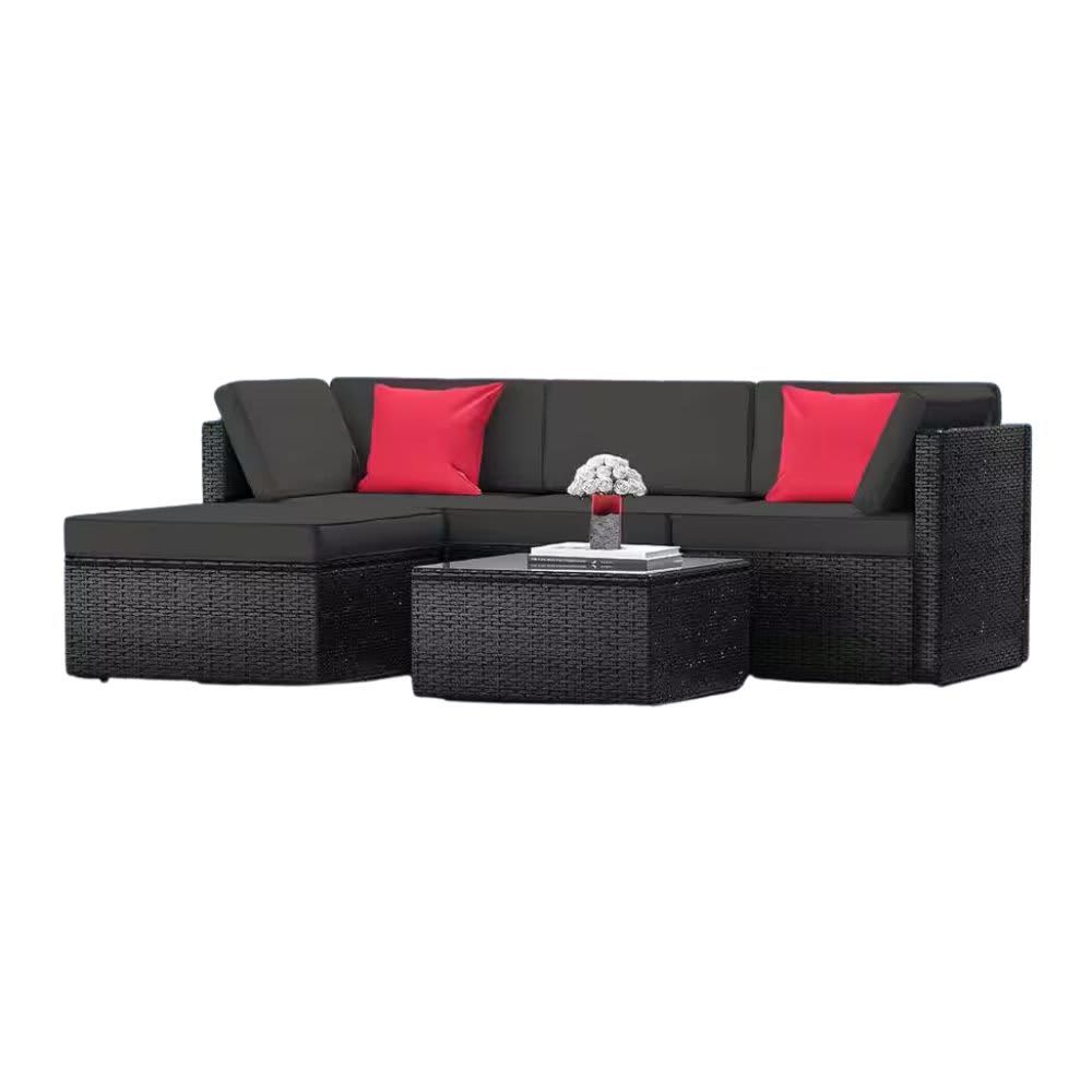 Sunscape 5-Piece Black Wicker Steel Outdoor Sectional Patio Furniture Corner Sofa Set and Coffee Table with Grey Cushions NB-PFC-5-B/GR