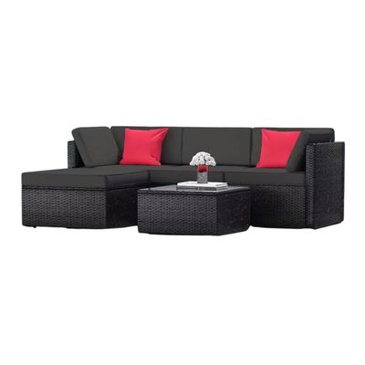 Sunscape 5-Piece Black Wicker Steel Outdoor Sectional Patio Furniture Corner Sofa Set and Coffee Table with Grey Cushions NB-PFC-5-B/GR