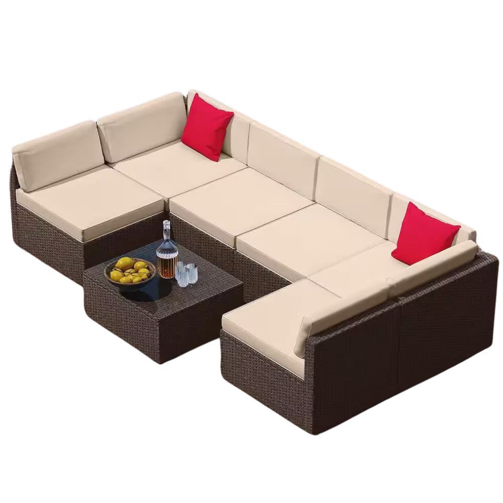 Nestl 7-Piece Brown Wicker Outdoor Sectional Patio Furniture Corner Sofa Set and Coffee Table with Beige Cushions NB-PFW-7- BR/BG Nestl 7-Piece Brown Wicker Outdoor Sectional Patio Furniture Corner Sofa Set and Coffee Table with Beige Cushions NB-PFW-7- BR/BG