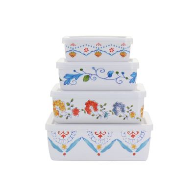 GIBSON HOME – 8 Piece Anaya Rectangular Nesting Food Storage Set – White with Floral Design