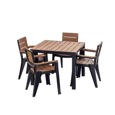 MQ Madeira 5-Piece Black and Teak Brown Indoor and Outdoor 4-Seat Square Table and 4 Arm Chair Set MQ	 462-TAB