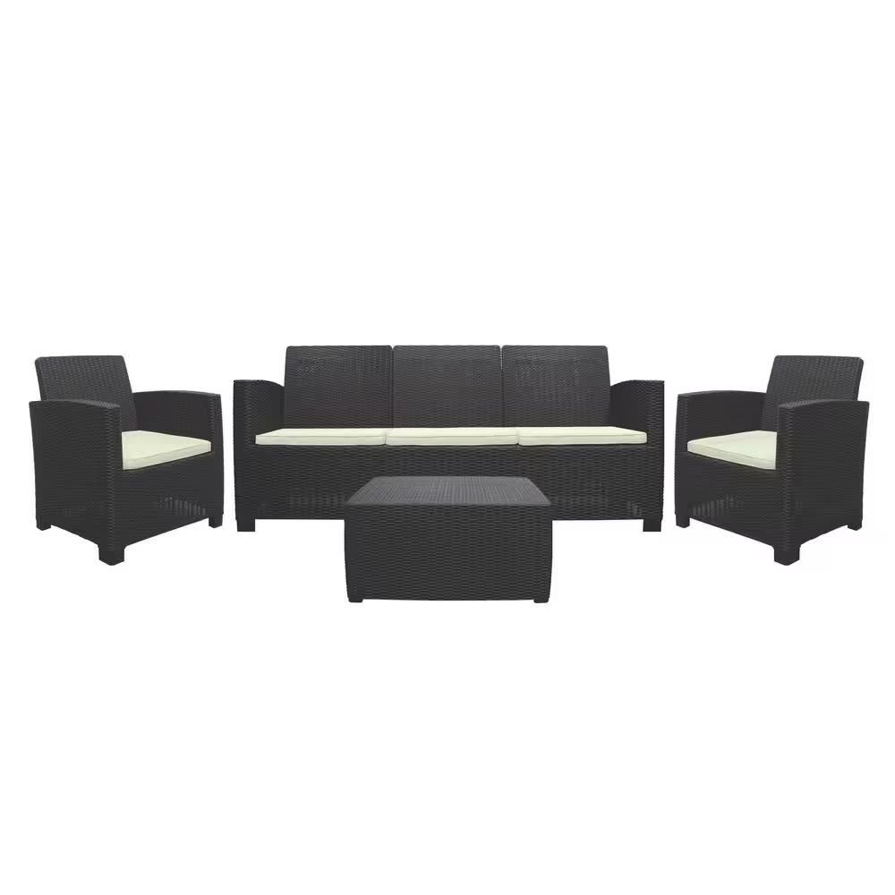 Sanchia Espresso Triple Set Outdoor Sofa Patio Set with Beige Cushions Triple Seater