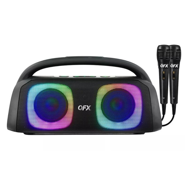 QFX Bluetooth Boom Box, True Wireless, with LED Party Lights and 2 Microphones, Black, PBX-552