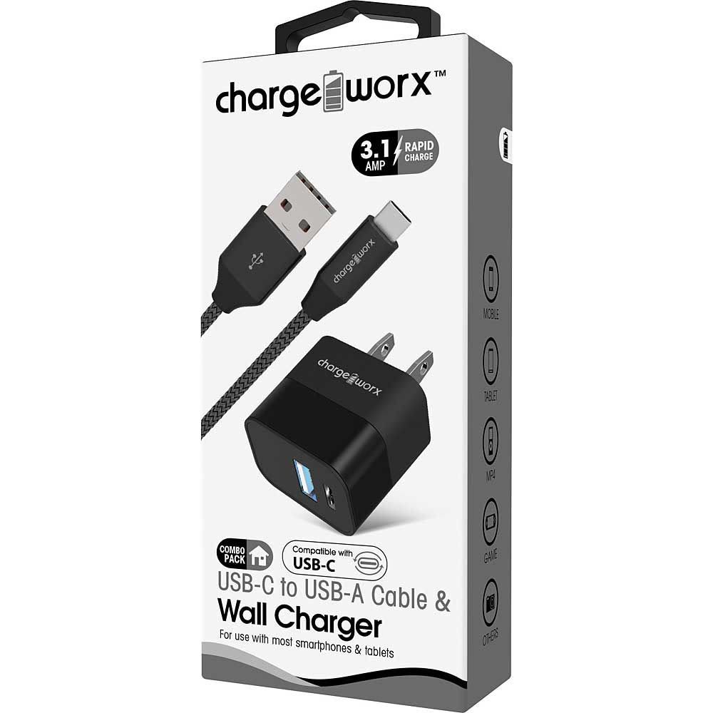CHARGEWORX – USB+USB-C Wall Charger & USB-C Cable – Black
