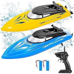 Tackview 2PACK RC Boat-10km/H 2.4G High Speed Remote Control Boat-Fast RC Boats for Pools and Lakes with 4 Rechargeable Battery-Remote Control Boats for Kids and Adults(Blue+Yellow) B0CNXHKC1G